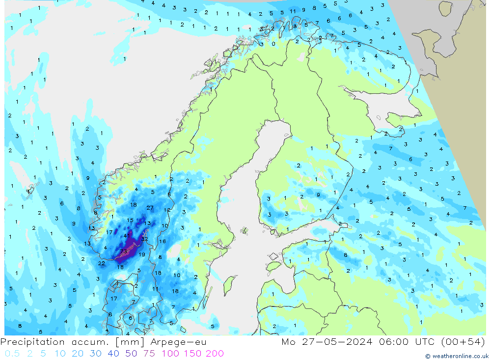 Precipitation accum. Arpege-eu Seg 27.05.2024 06 UTC