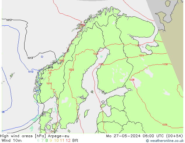 High wind areas Arpege-eu Mo 27.05.2024 06 UTC