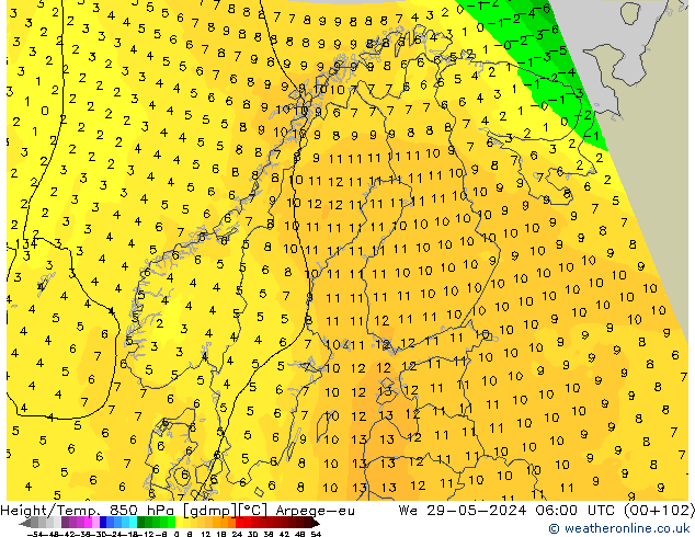 Geop./Temp. 850 hPa Arpege-eu mié 29.05.2024 06 UTC