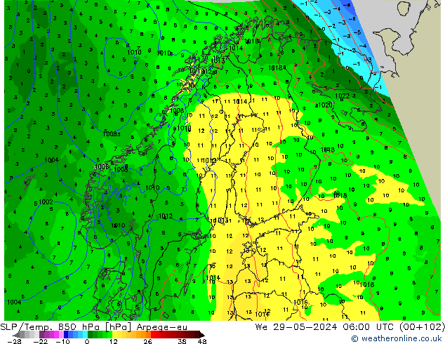 SLP/Temp. 850 гПа Arpege-eu ср 29.05.2024 06 UTC