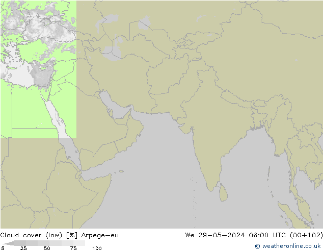 Cloud cover (low) Arpege-eu We 29.05.2024 06 UTC