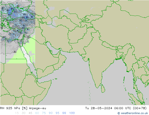 RH 925 гПа Arpege-eu вт 28.05.2024 06 UTC