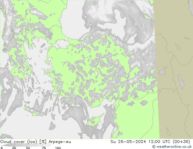Cloud cover (low) Arpege-eu Su 26.05.2024 12 UTC
