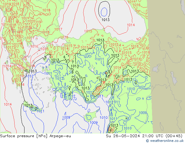 Pressione al suolo Arpege-eu dom 26.05.2024 21 UTC