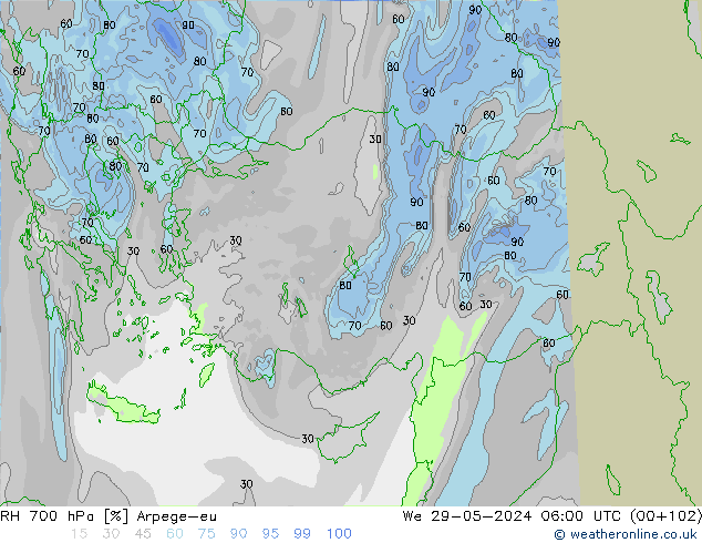 Humidité rel. 700 hPa Arpege-eu mer 29.05.2024 06 UTC