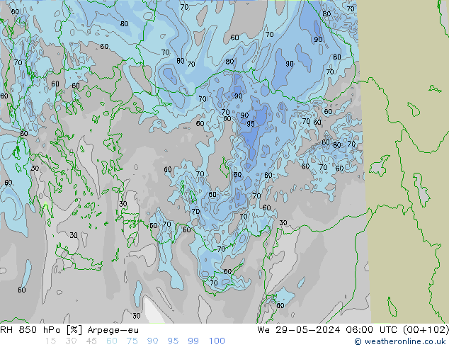 RH 850 hPa Arpege-eu Qua 29.05.2024 06 UTC