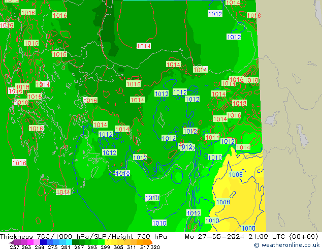 Thck 700-1000 hPa Arpege-eu Mo 27.05.2024 21 UTC