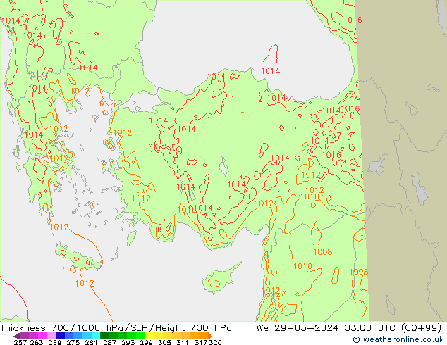 Thck 700-1000 hPa Arpege-eu  29.05.2024 03 UTC