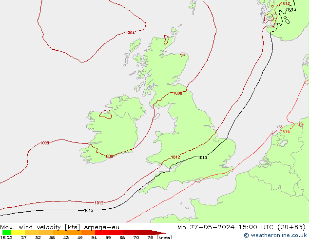 Max. wind velocity Arpege-eu Mo 27.05.2024 15 UTC