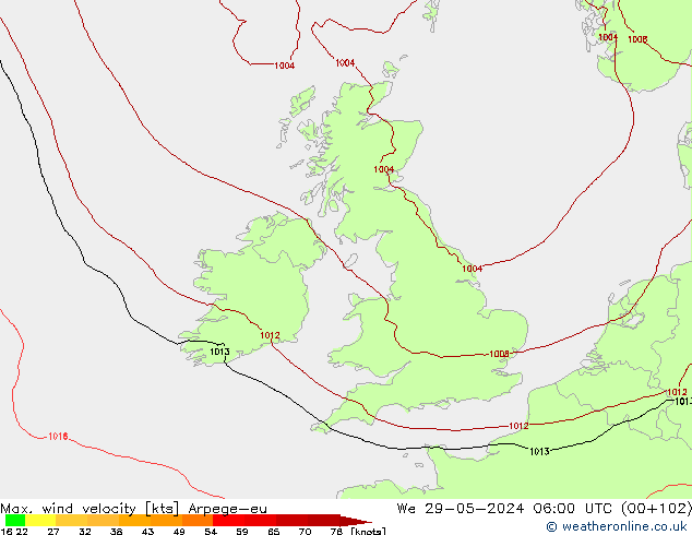 Max. wind velocity Arpege-eu  29.05.2024 06 UTC