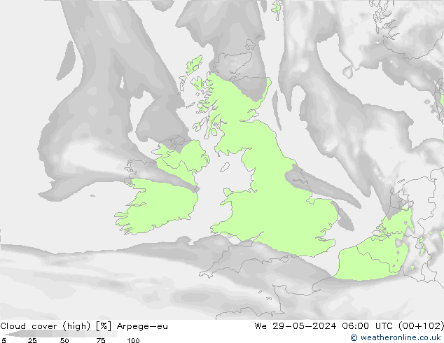 zachmurzenie (wysokie) Arpege-eu śro. 29.05.2024 06 UTC