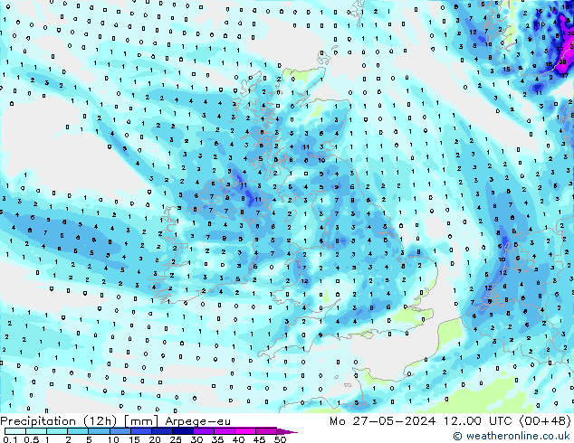 Totale neerslag (12h) Arpege-eu ma 27.05.2024 00 UTC