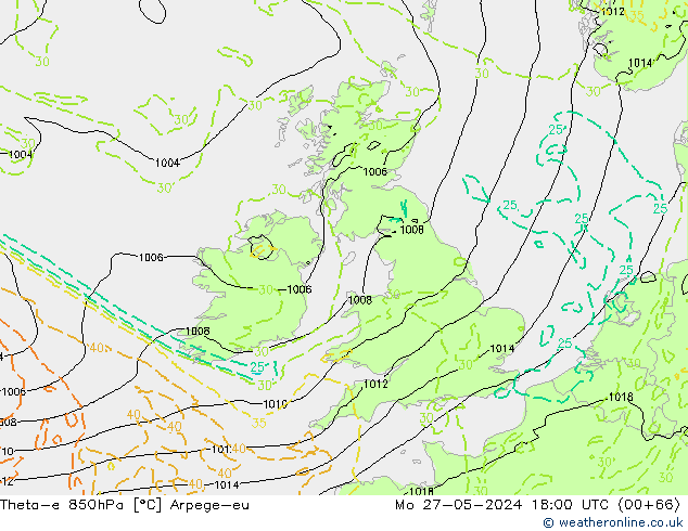 Theta-e 850hPa Arpege-eu ma 27.05.2024 18 UTC