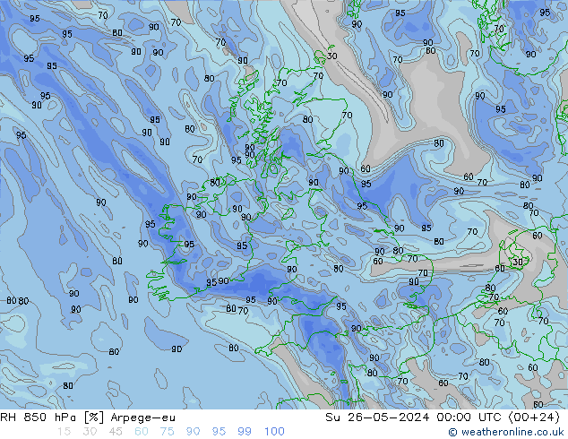 RH 850 hPa Arpege-eu nie. 26.05.2024 00 UTC