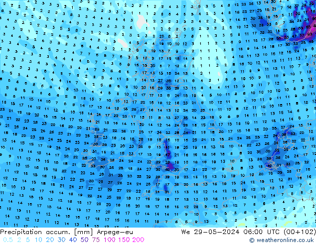 Totale neerslag Arpege-eu wo 29.05.2024 06 UTC