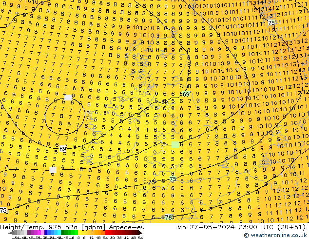 Height/Temp. 925 гПа Arpege-eu пн 27.05.2024 03 UTC