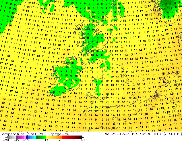 Temperatuurkaart (2m) Arpege-eu wo 29.05.2024 06 UTC