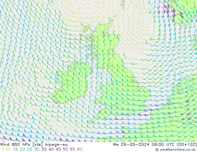 Wind 850 hPa Arpege-eu wo 29.05.2024 06 UTC