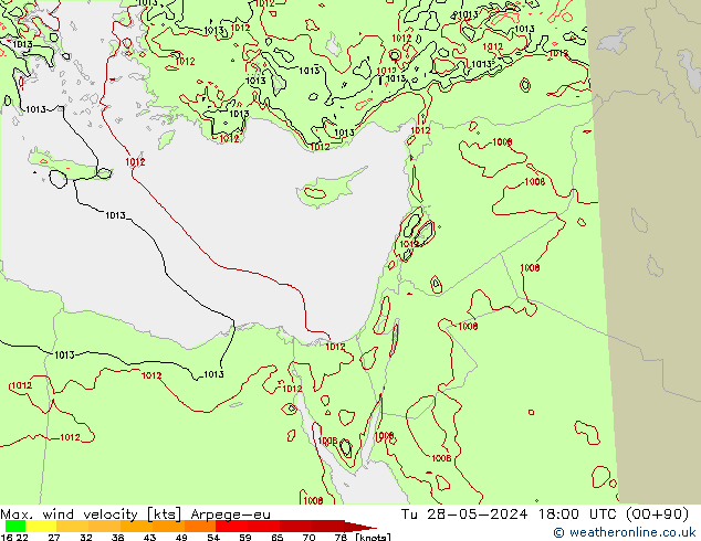 Max. wind velocity Arpege-eu Tu 28.05.2024 18 UTC