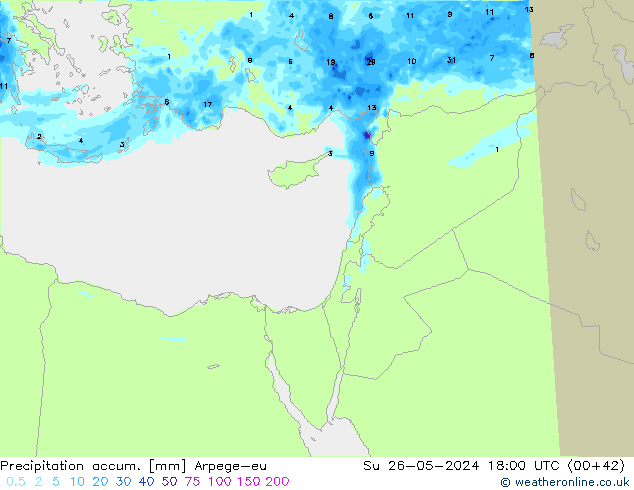 Precipitation accum. Arpege-eu nie. 26.05.2024 18 UTC