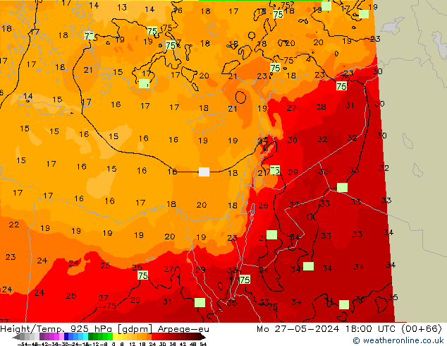 Height/Temp. 925 hPa Arpege-eu Mo 27.05.2024 18 UTC