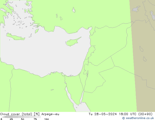 Cloud cover (total) Arpege-eu Tu 28.05.2024 18 UTC