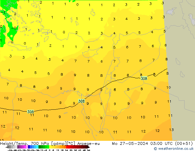 Height/Temp. 700 hPa Arpege-eu Mo 27.05.2024 03 UTC