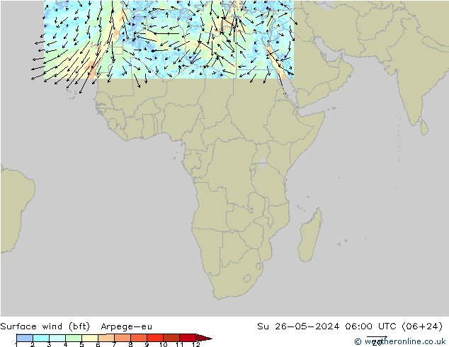 Viento 10 m (bft) Arpege-eu dom 26.05.2024 06 UTC