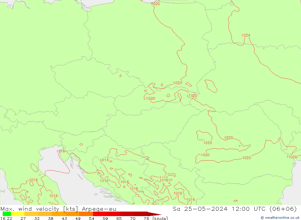 Max. wind velocity Arpege-eu sab 25.05.2024 12 UTC