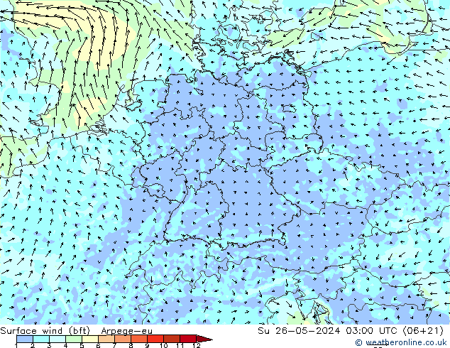Surface wind (bft) Arpege-eu Ne 26.05.2024 03 UTC