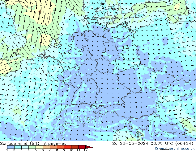 Surface wind (bft) Arpege-eu Su 26.05.2024 06 UTC