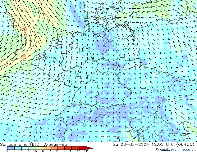 Surface wind (bft) Arpege-eu Su 26.05.2024 12 UTC