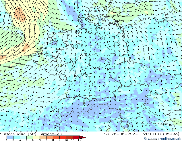 Wind 10 m (bft) Arpege-eu zo 26.05.2024 15 UTC