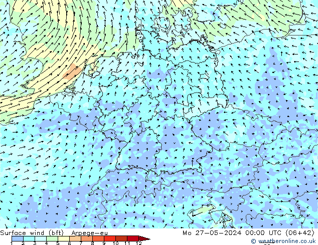 Surface wind (bft) Arpege-eu Po 27.05.2024 00 UTC