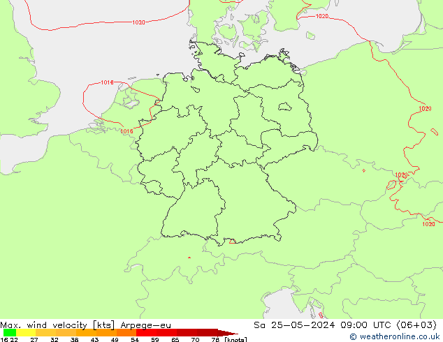 Max. wind velocity Arpege-eu Sa 25.05.2024 09 UTC