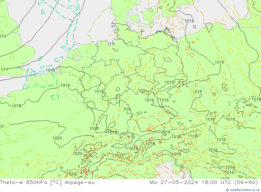 Theta-e 850hPa Arpege-eu Pzt 27.05.2024 18 UTC