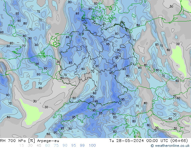 RH 700 hPa Arpege-eu Út 28.05.2024 00 UTC