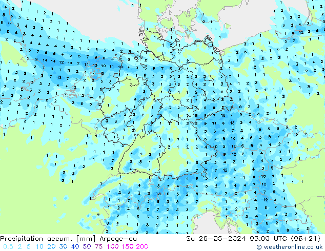 Totale neerslag Arpege-eu zo 26.05.2024 03 UTC
