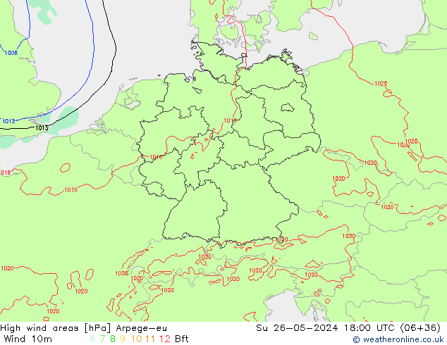 High wind areas Arpege-eu Su 26.05.2024 18 UTC