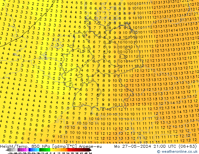 Height/Temp. 850 hPa Arpege-eu Po 27.05.2024 21 UTC