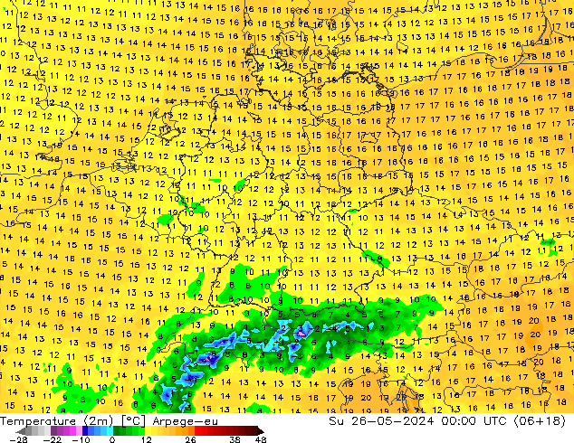 Temperatuurkaart (2m) Arpege-eu zo 26.05.2024 00 UTC