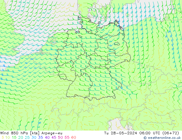 Wind 850 hPa Arpege-eu Út 28.05.2024 06 UTC