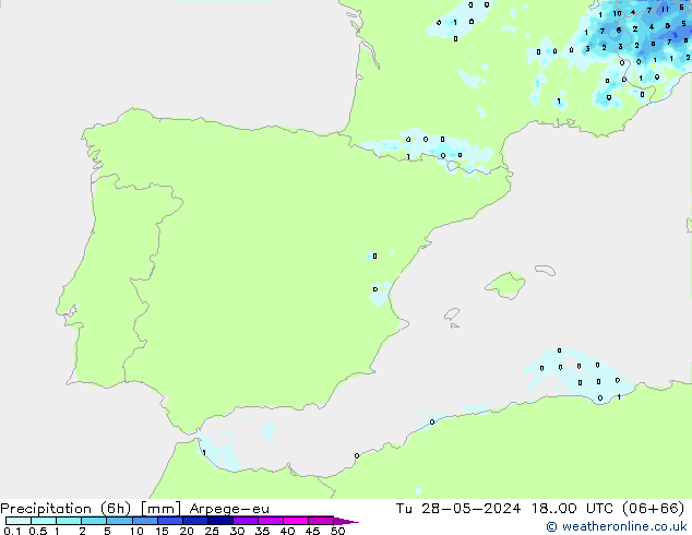Precipitation (6h) Arpege-eu Út 28.05.2024 00 UTC