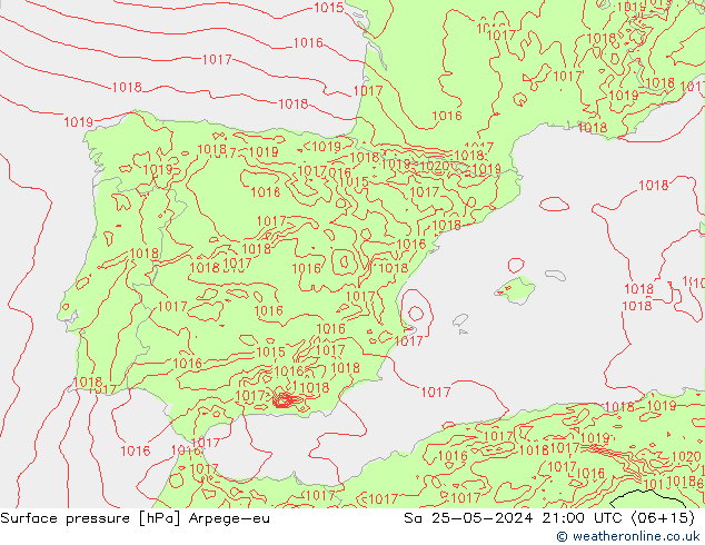 Atmosférický tlak Arpege-eu So 25.05.2024 21 UTC