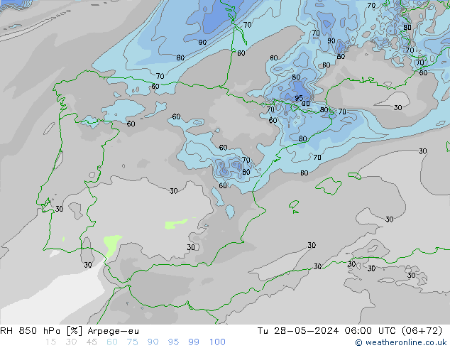 850 hPa Nispi Nem Arpege-eu Sa 28.05.2024 06 UTC