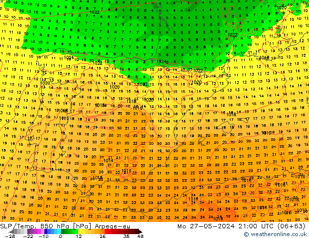 SLP/Temp. 850 hPa Arpege-eu lun 27.05.2024 21 UTC