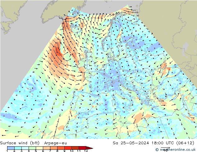 Wind 10 m (bft) Arpege-eu za 25.05.2024 18 UTC