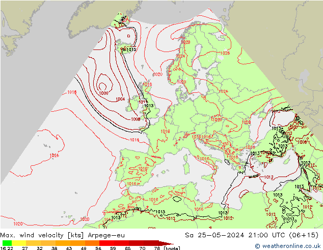 Max. wind velocity Arpege-eu sam 25.05.2024 21 UTC