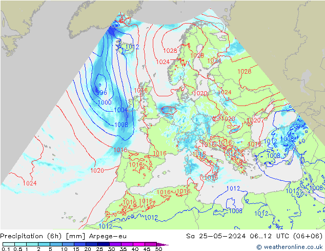 Precipitación (6h) Arpege-eu sáb 25.05.2024 12 UTC