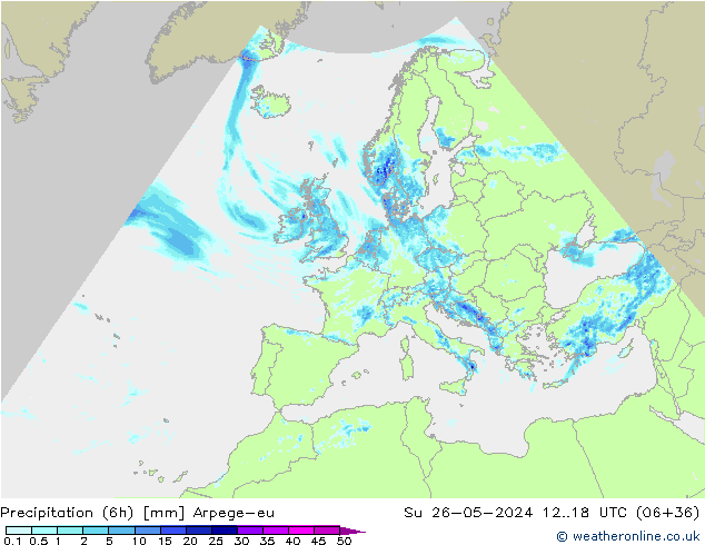 Precipitation (6h) Arpege-eu Su 26.05.2024 18 UTC